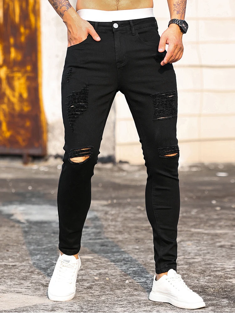 Top Trends: Fashion Men's Street Ripped Jeans Pure Black Stretch Tight Small Foot Pencil Pants Boyfriend Club Clothing Denim Ropa Hombre Shoppable Styles