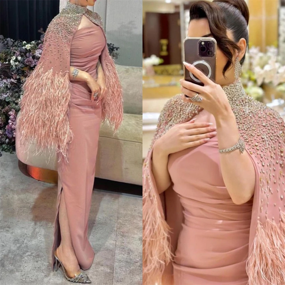 Top Trends: Prom Dresses High Quality Collar Sheath Cocktail Sequin Feathers Satin Occasion Evening Gown Vestido Formatura فستان Shoppable Styles