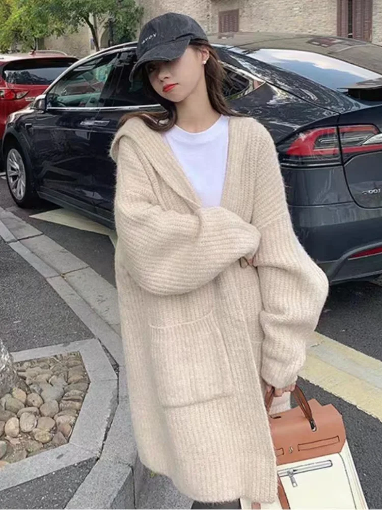 Top Trends: Korean Fashion Women Sweaters 2023 Autumn Winter Solid Hooded Long Knitted Cardigan Casual Coat For Women Clothing Knitwears Top Shoppable Styles