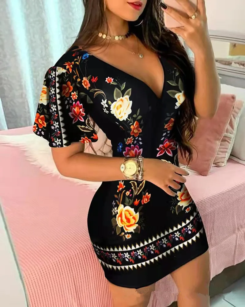 Top Trends: Women Elegant Dress Polka Dot Print Scarf Print Chain Ruffles Sleeve Floral Print V-neck Bodycon Party Clubwear Dress Shoppable Styles