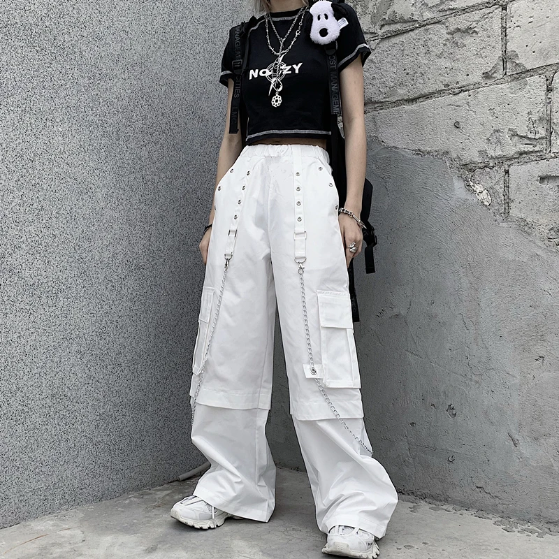 Top Trends: White Cargo Pants Woman Oversized Hippie Streetwear Pocket The Chain Elastic High Waist Trousers Baggy Korean Style Fashion Shoppable Styles - Image 3