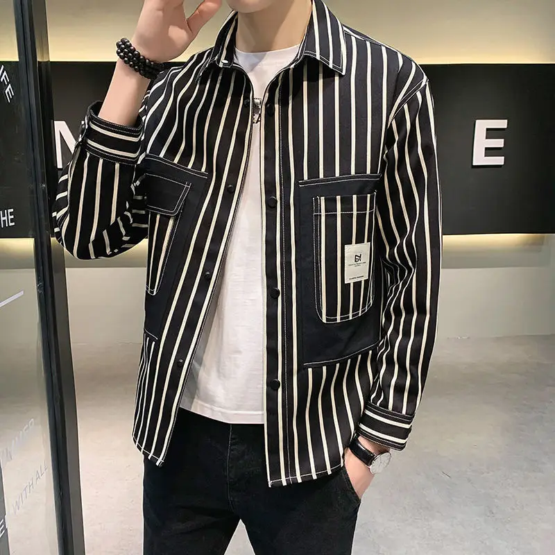 Top Trends: Fashion Lapel Button Spliced Pockets Striped Shirts Men's Clothing 2022 Autumn Loose New Casual Tops Long Sleeve Korean Shirt Shoppable Styles