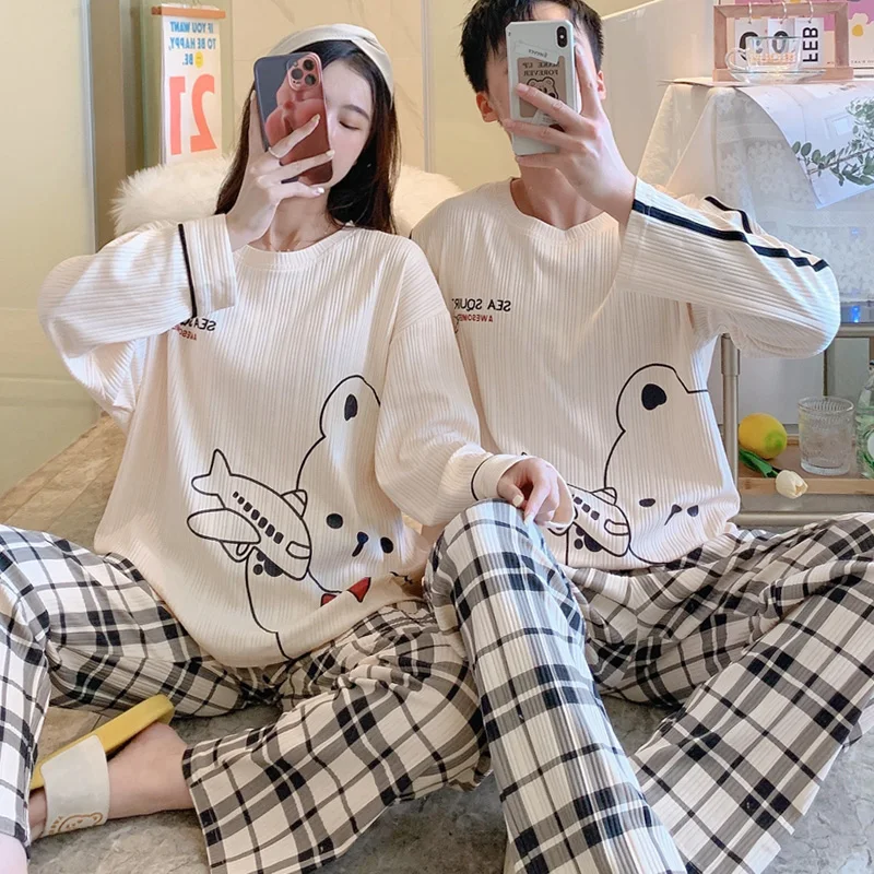 Top Trends: Couple's Pijama Sets M-3XL Autumn Spring Pajamas Lovely Cartoon Sleepwear Cotton Pyjamas For Women Man Top Pant Leisure Outwear Shoppable Styles