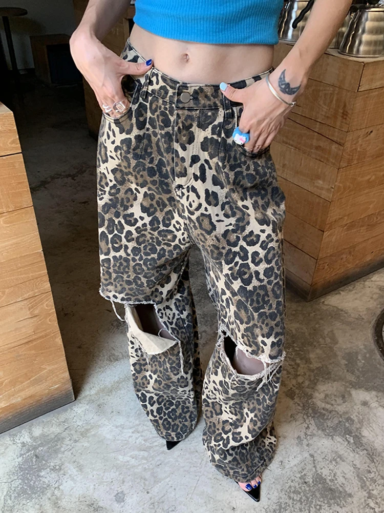 Top Trends: TWOTWINSTYLE Leopard Ripped Wide Leg Jeans For Women High Waist Patchwork Button Loose Fashion Denim Pant Female Clothing New Shoppable Styles - Image 4