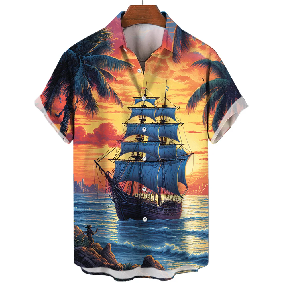 Top Trends: Men's Hawaiian Short Sleeve Shirt Printed Sailboat Dimensional Pattern Clothing Designer Beach Resort Oversized Shirt Y2k Clothe Shoppable Styles