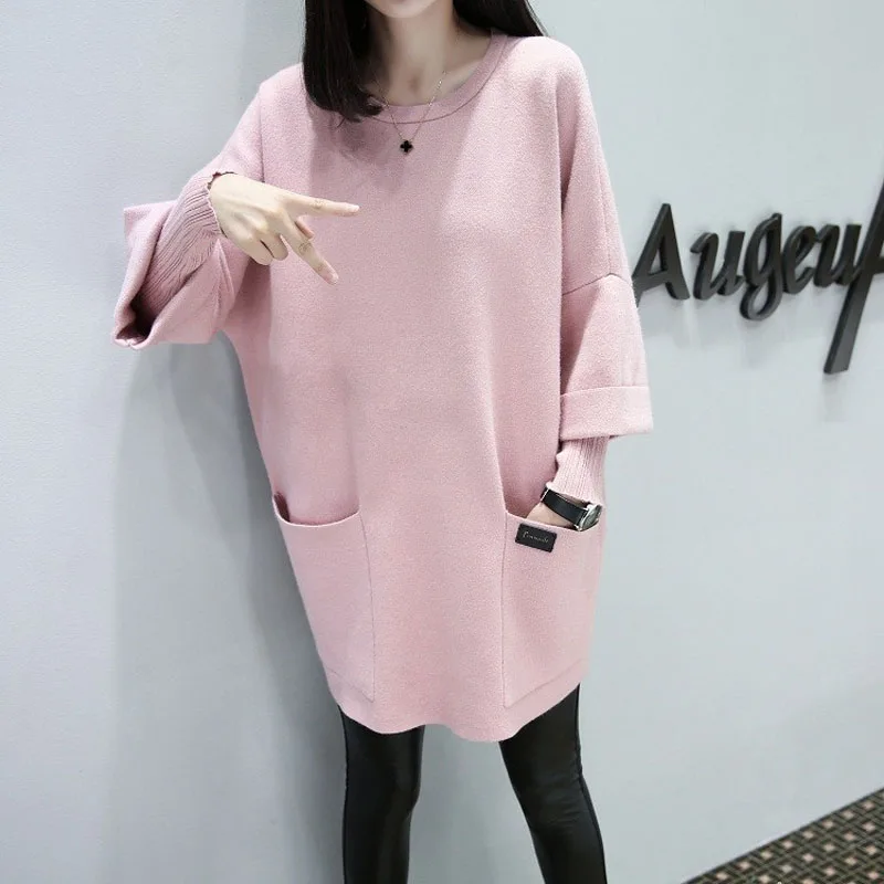 Top Trends: Korean Autumn Winter Pulse Size Cotton Sweatshirts Loose Drop Sleeve X-long O-Neck Female Pockets Decoration Two Fake Pieces Shoppable Styles - Image 2