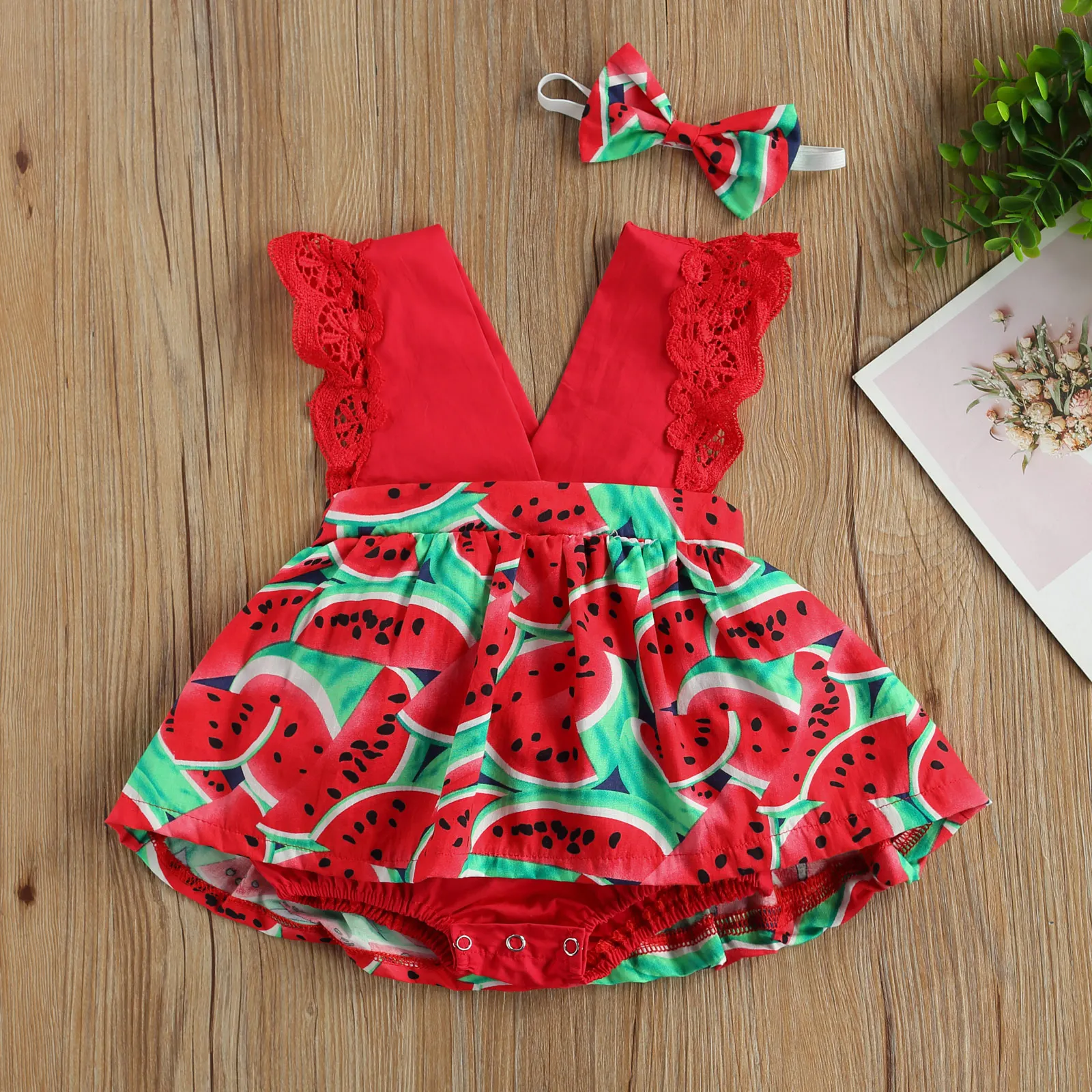 Top Trends: Infant Baby Girls Romper Dress Watermelon Print Lace Patchwork Sleeveless V-neck Jumpsuit Bowknot Headband Summer Clothes Outfit Shoppable Styles