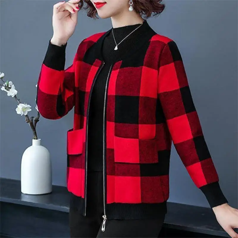 Top Trends: Autumn Winter Plaid Print Short Coats Long Sleeve O-neck Zipper Plus Size All-match Tops Vintage Fashion Casual Women Clothes Shoppable Styles