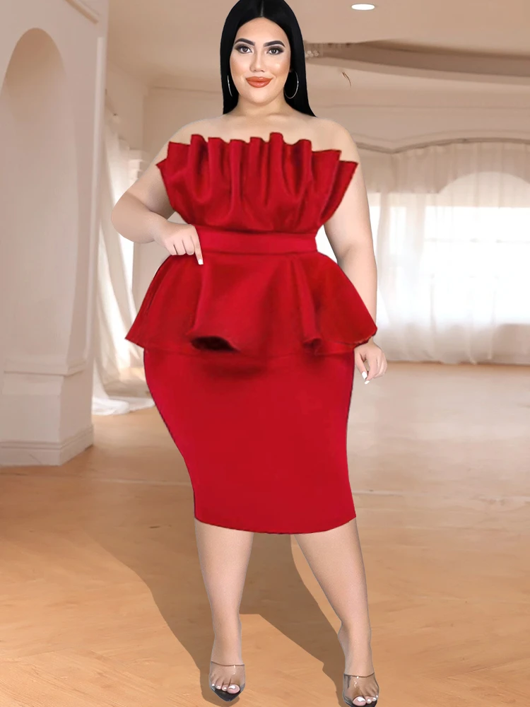 Top Trends: Red Peplum Dresses Plus Size 4XL Sexy Tube Top Ruffles Bodoycon Cocktail Evening Birthday Party Gowns Outfits For Women 2023 New Shoppable Styles