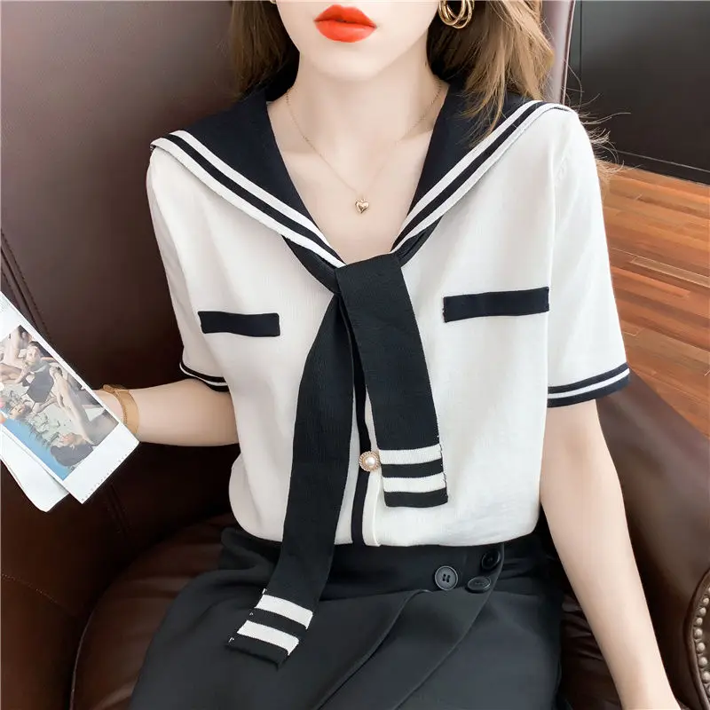 Top Trends: Fashion V-Neck Spliced Tie Button Loose Blouse Oversized Lace Up Commute Pullovers 2022 Summer New Casual Female Clothing Shirt Shoppable Styles - Image 6