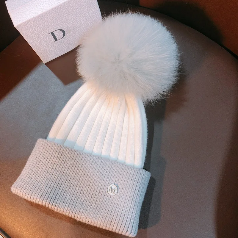 Top Trends: For Women Cotton Kintted M Letter Fox Fur Pompom Hat Winter Warm Beanie Hat Pure White Shoppable Styles