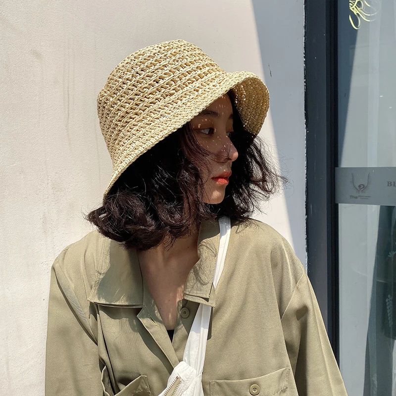 Top Trends: Japanese Foldable Hand-woven Straw Hat Ladies Spring And Summer Vacation Beach Fisherman HatBig Brim Shade Small Fresh BucketHat Shoppable Styles