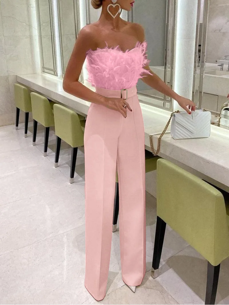 Top Trends: 2022 Fashion Spring Summer Woman Sexy Feather Sleeveless Backless Tube Top Jumpsuit Elegant Women Shoppable Styles