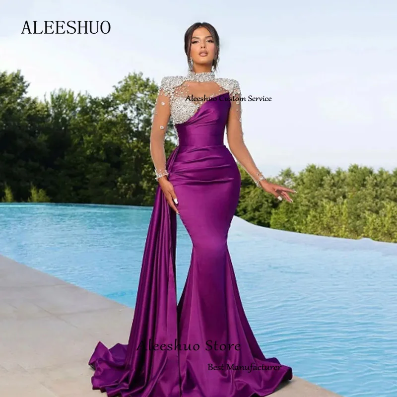 Top Trends: Aleeshuo Luxury Beading Mermaid Satin Prom Dresses Long Sleeve Halter Sweetheart Evening Dress Formal Occasions Vestido De Noche Shoppable Styles - Image 2