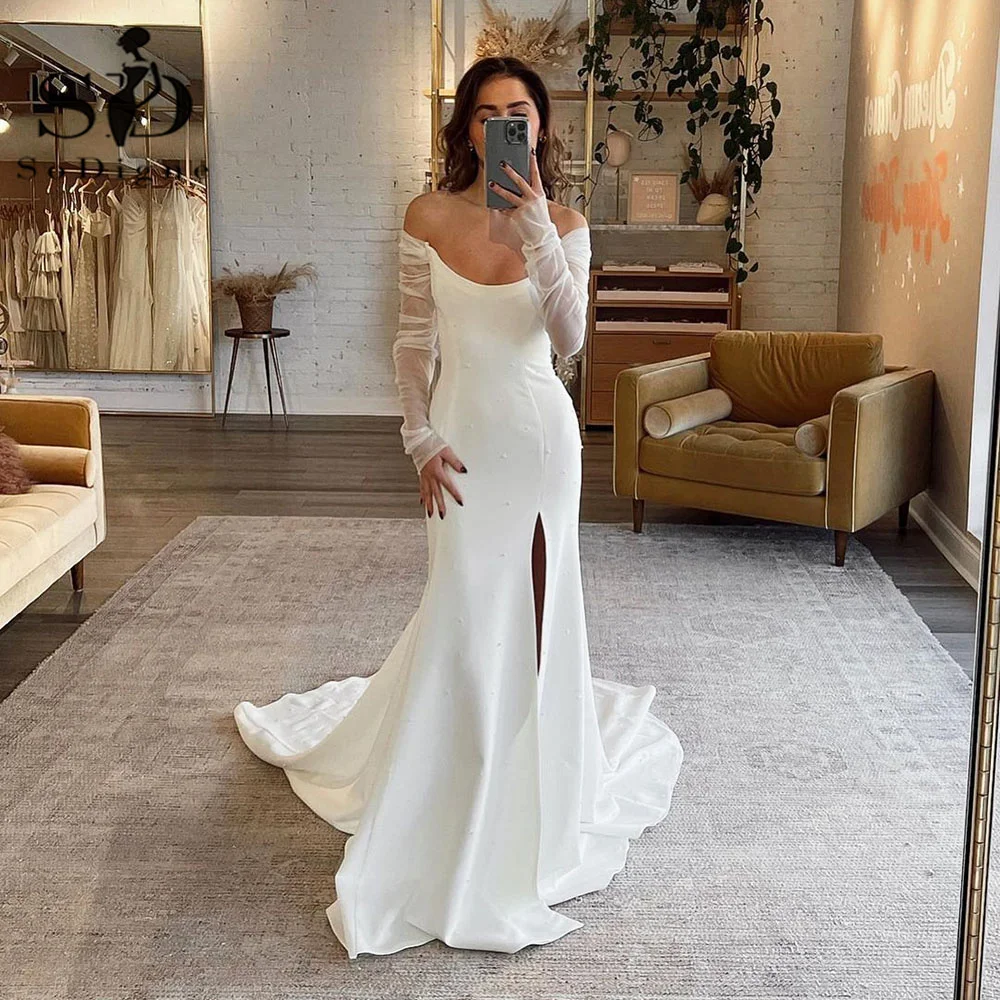 Top Trends: SoDigne Beads Pearl Mermaid Wedding Dresses Soft Satin Beach Bridal Gowns V-Neck Women Side Split Wedding Party Gown Shoppable Styles