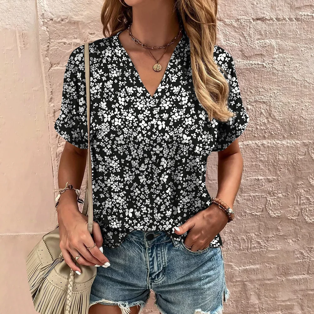 Top Trends: V-neck Printed Women&#039;s T-shirt Casual Tops Floral Cheap Blouse Summer Fashion Ladies Clothes Female Oversized Short Sleeve Tees Shoppable Styles