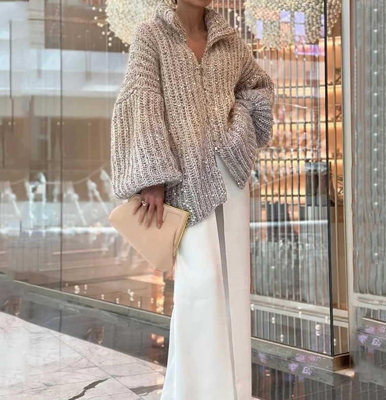 Top Trends: Party Loose Top Women 2023 Autumn Winter Elegant Small Fragrant Wind Comfortable Sequin V-Neck Long Sleeve Versatile Sweater Shoppable Styles - Image 2