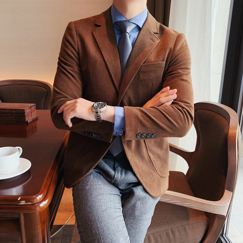 Top Trends: 2023 High Quality Korean Slim Fit Casual Corduroy Blazer Jacket Men Clothes British Style Long Sleeve Business Formal Wear Coat Shoppable Styles - Image 3