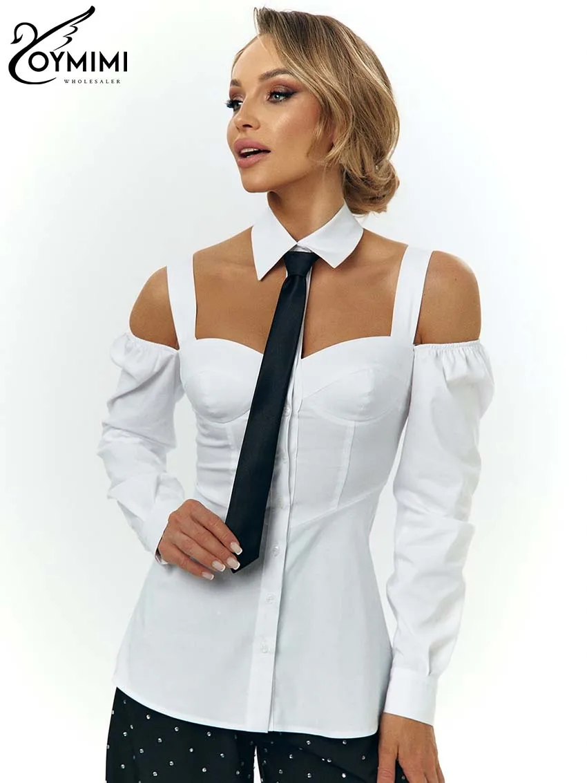 Top Trends: Oymimi Fashion White Lapel Women Shirts Elegant Long Sleeve Off The Shoulder Blouses Casual Slip Button Shirts Female Clothing Shoppable Styles