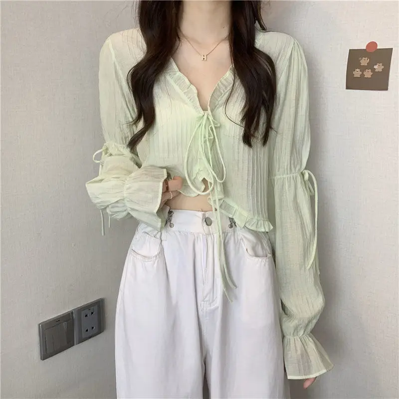 Top Trends: Sweet Ruffle Lace Up Cardigan Women Summer Long Sleeve Sunscreen Jacket Woman Candy-color Chiffon Crop Tops Shoppable Styles