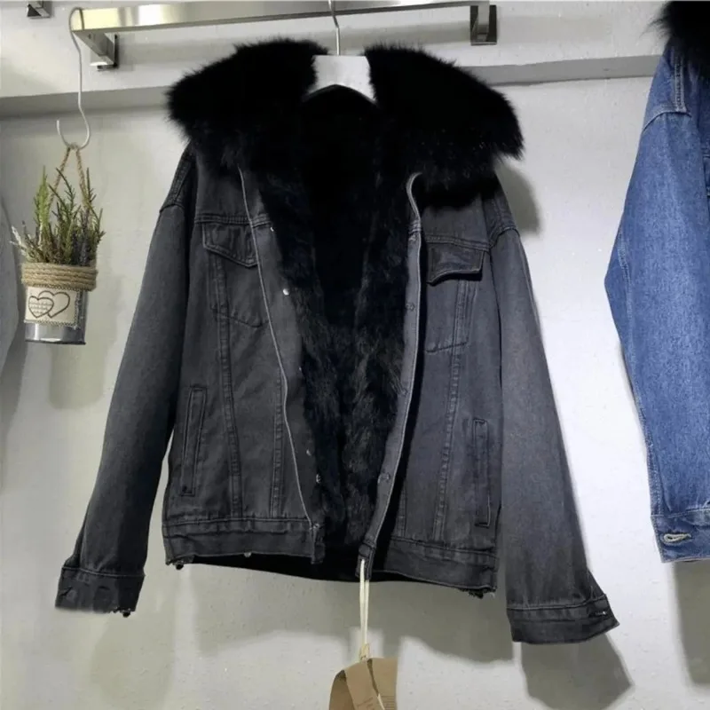 Top Trends: Winter Women Warm Basic Coat Big Fur Collar Denim Jacket Female Cold Motorcycle Jackets Outerwear Fleece Thick Casual Overcoat Shoppable Styles - Image 3