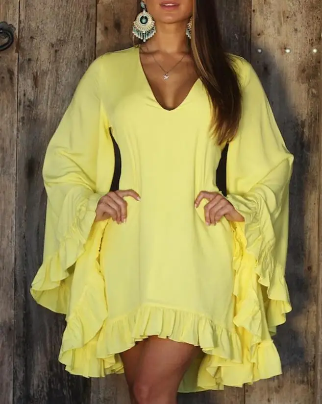 Top Trends: Summer Sweet A Line Dresses Women V-Neck Slight Stretch Design Fashion New Ruffle Hem Bell Sleeve Casual Mini Dress Female Shoppable Styles