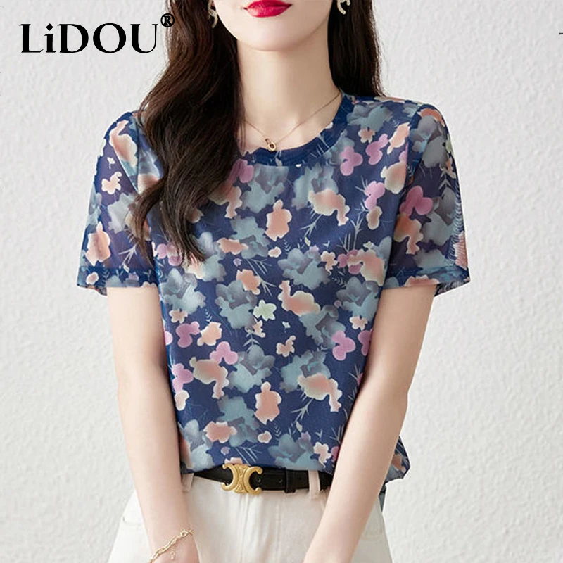 Top Trends: Summer New Korean Style Floral Casual Pullover Female Elegant Fashion Print Short Sleeve Tops Women Chiffon Sweat Femme Clothes Shoppable Styles