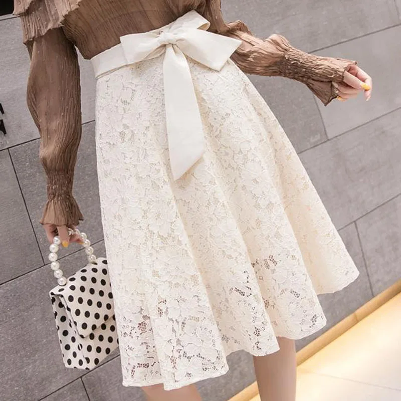 Top Trends: Elagant Lady Big Bow High Waist Knee Skirts Women's Summer Clothes New Oversize Fashion A-Line Solid Hollow Out Lace Skirts Shoppable Styles