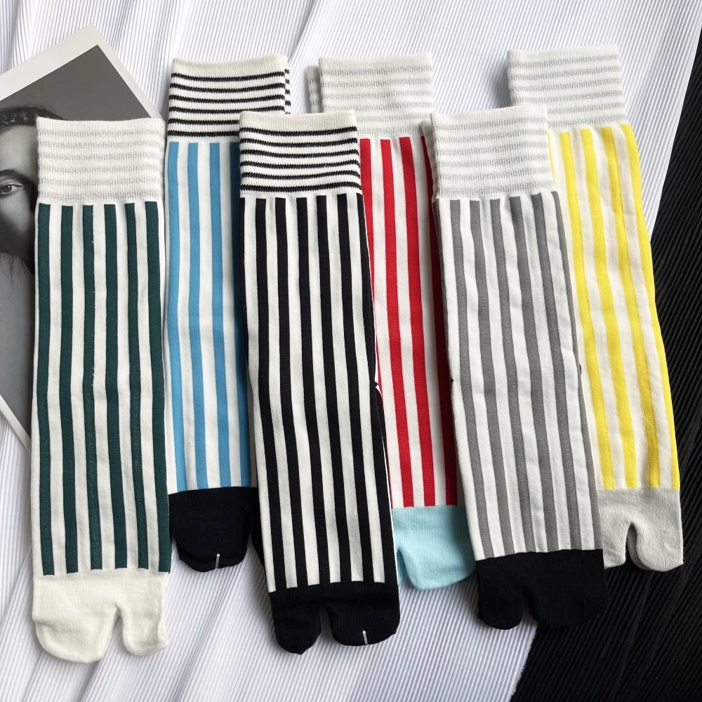 Top Trends: Colorful Combed Cotton Toe Socks Striped Retro Fashion Women's Tabi Socks Harajuku Japanese Middle Tube Sports Split Toe Socks Shoppable Styles