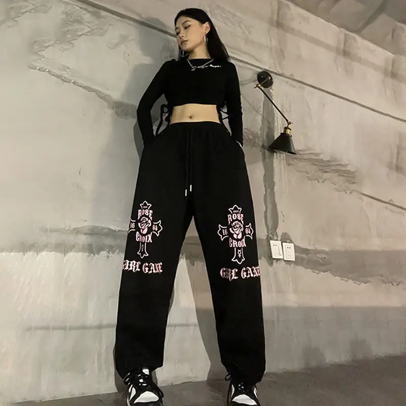 Top Trends: Hip Hop Vintage Women Black Sweatpants Korean Spring Autumn New Streetwear Fashion Printing High Waist Sports Casual Trousers Shoppable Styles