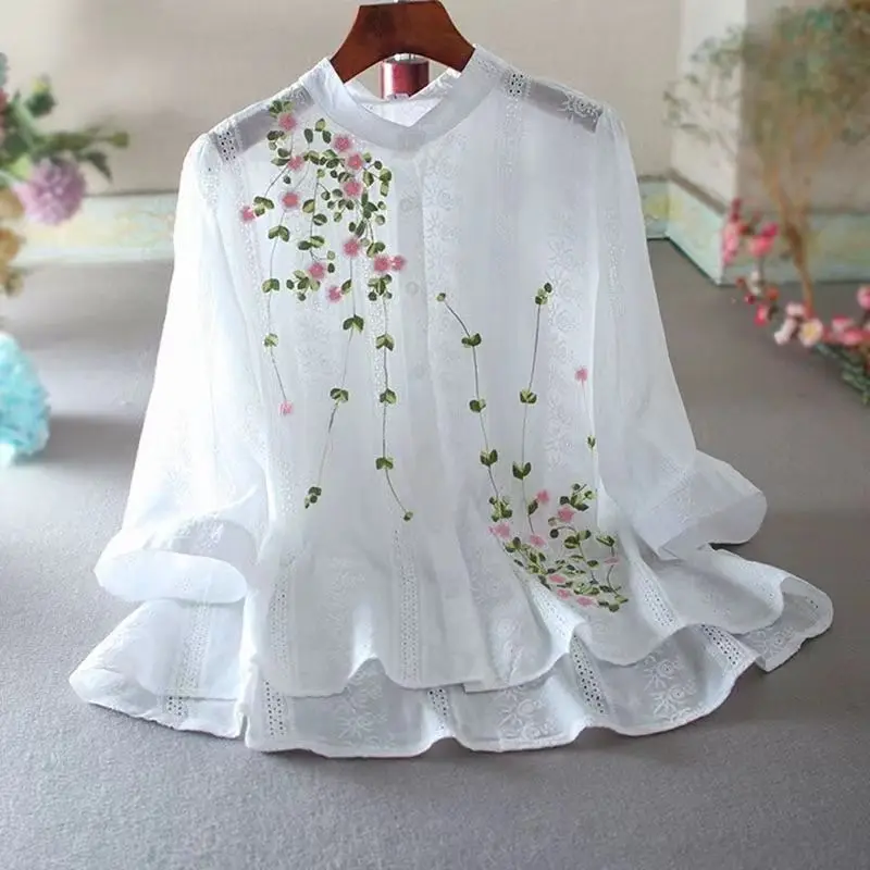 Top Trends: 2023 New Spring And Summer Qing New Literature And Art Lace Hollow Loose Relaxed Ruffle Edge Embroidered Standing Neck Shirt Shoppable Styles