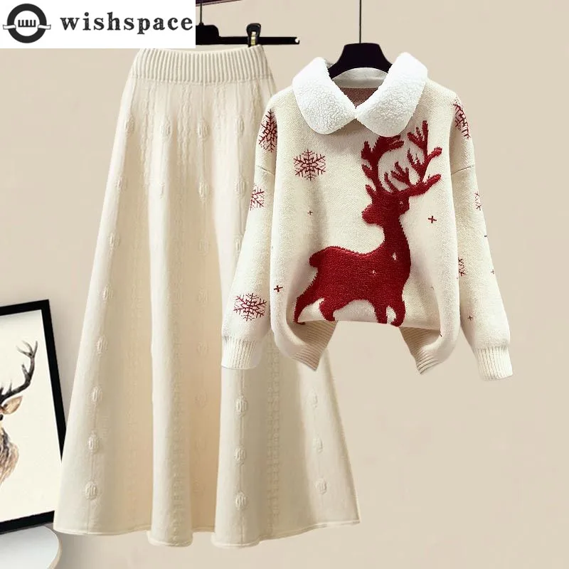 Top Trends: 2023 Winter New Year Elk Snowflake Knitted Sweater Pullover Knitted Half Skirt Two Piece Elegant Women&#039;s Dress Set Shoppable Styles