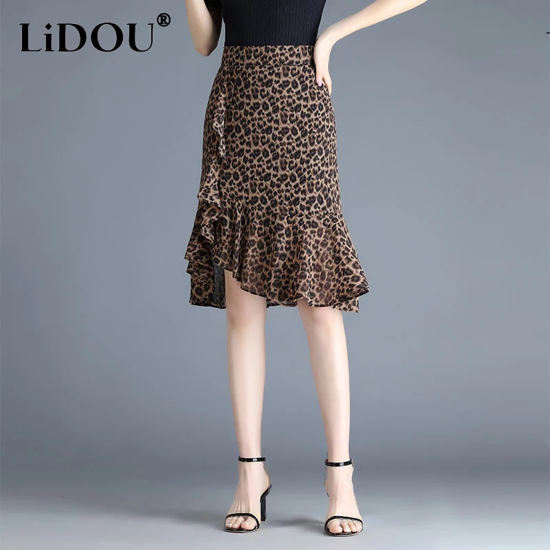 Top Trends: Summer Autumn High Waist Vintage Leopard Printing Ruffles Skirt Ladies Sexy Fashion All-match Slit Kneet Length Mermaid Skirts Shoppable Styles