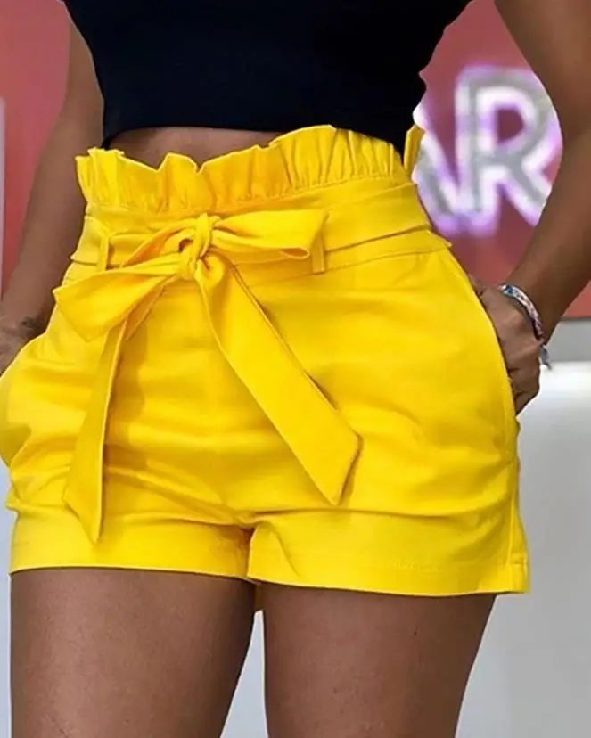 Top Trends: Sexy Frills High Waist Short Pants With Belt Polyester Plain Daily 2023 Summer High Street Sweet Fashion Skinny Shorts Shoppable Styles