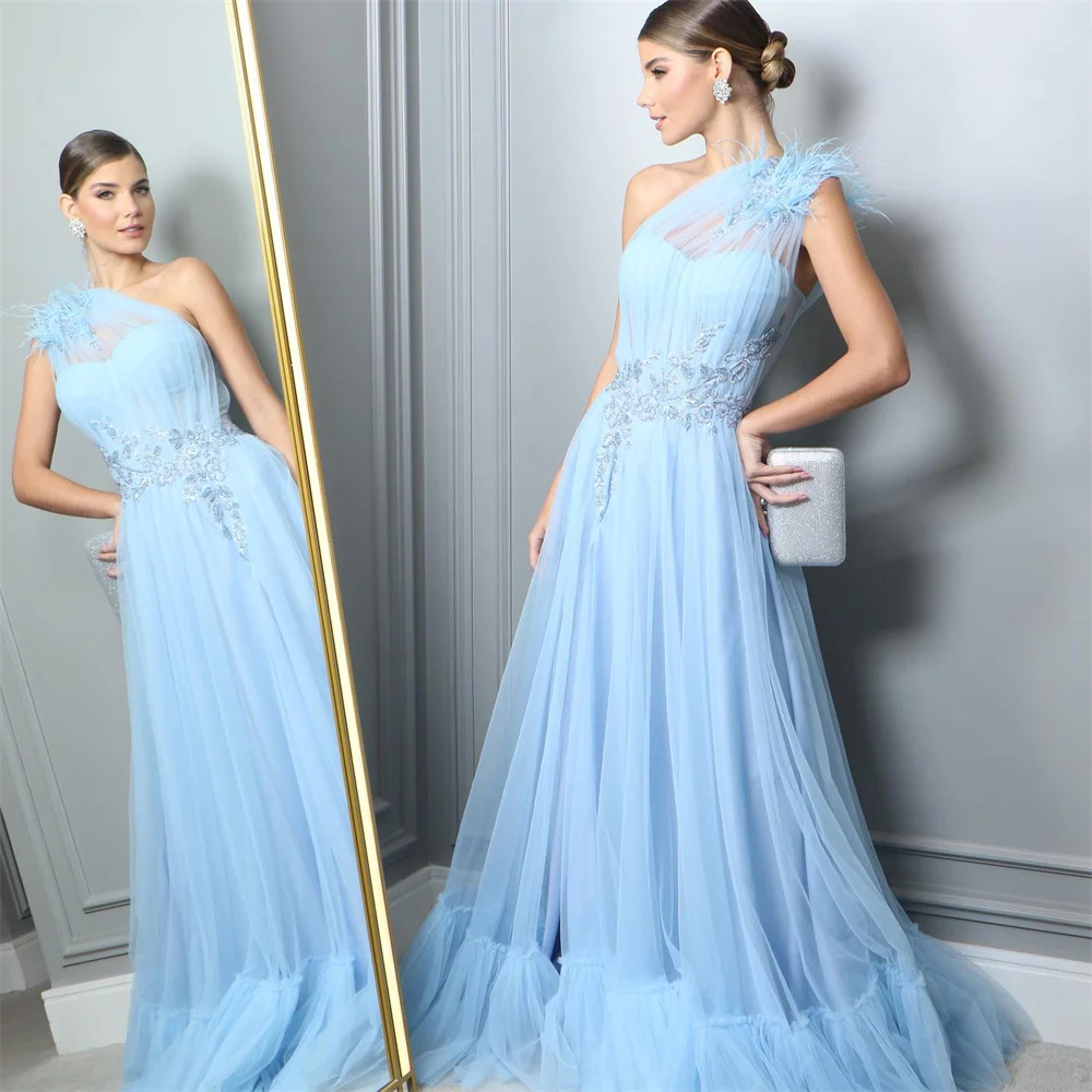 Top Trends: Sky Blue One-Shoulder Prom Dress Sweetheart Long Pleated Tulle Boned Evening Dress High Split Elegant Vestido Formal Party Gown Shoppable Styles