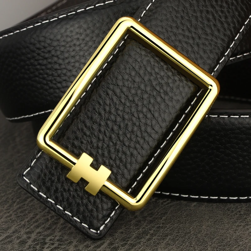 Top Trends: High Quality Designer Square Slide Buckle Belts Men Full Grain Leather Fashion Luxury Famous Brand Brown Young Men Ceinture Homm Shoppable Styles - Image 2