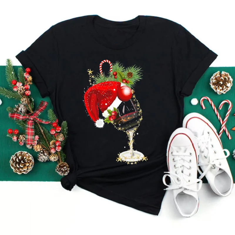 Top Trends: New Merry Christmas T-shirt Fashion Women T-shirt Red Wine And Christmas Hat Printed Tops Short Sleeve Female Graphic Tee Shirts Shoppable Styles