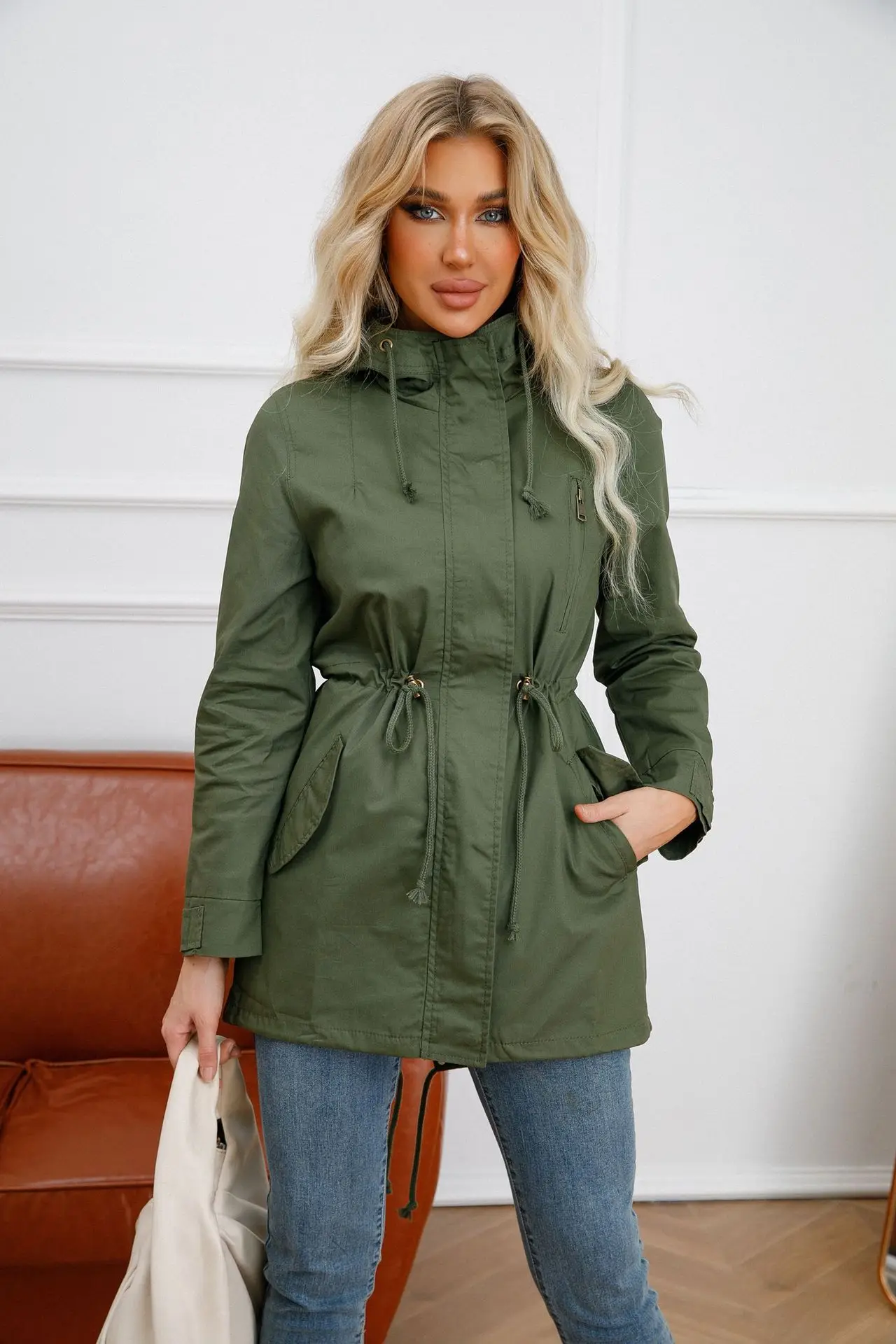 Top Trends: 2024 New Cotton Hooded Trench Coat Women's Spring Autumn Jacket Zipper Loose Drawstring Solid Color Windbreaker Women's Clothing Shoppable Styles