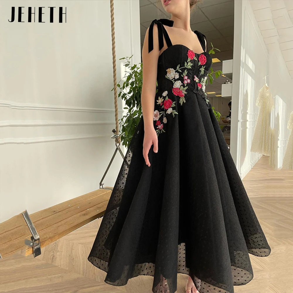 Top Trends: JEHETH Black Floral Pastoral Prom Dress Bow Straps A-Line Lace Appliques Evening Gown Dot Tulle Sweetheart Ankle Length فساتين Shoppable Styles