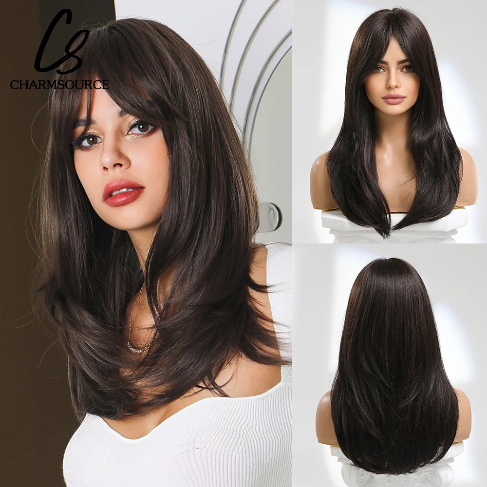 Top Trends: Black Brown Wig With Side Bangs Medium Length Synthetic Wigs Natural Layered Hair For Women Party Cosplay Heat Resistant Fibre Shoppable Styles