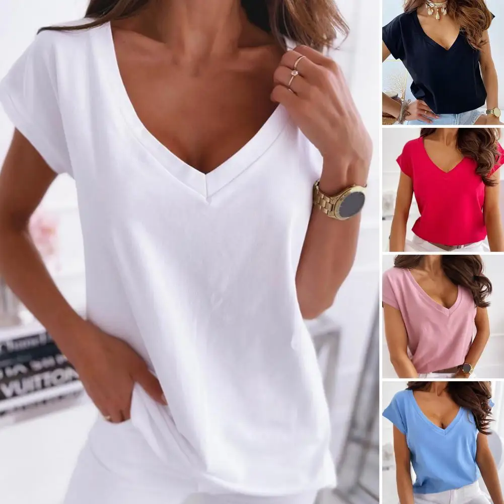 Top Trends: V-Neck Women's Sexy T-shirts Short Sleeve Breathable Simple White Tops T-shirt Solid Color Pullover Top Streetwear Футболка Shoppable Styles