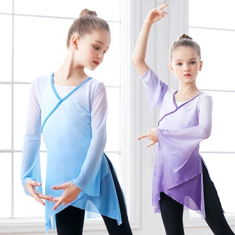 Top Trends: Girls Classical Dance Tops Flare Sleeve Graduated Color Dance Costume Ballet Yoga Tops Blue Green Classical Folk Dance Coats Shoppable Styles