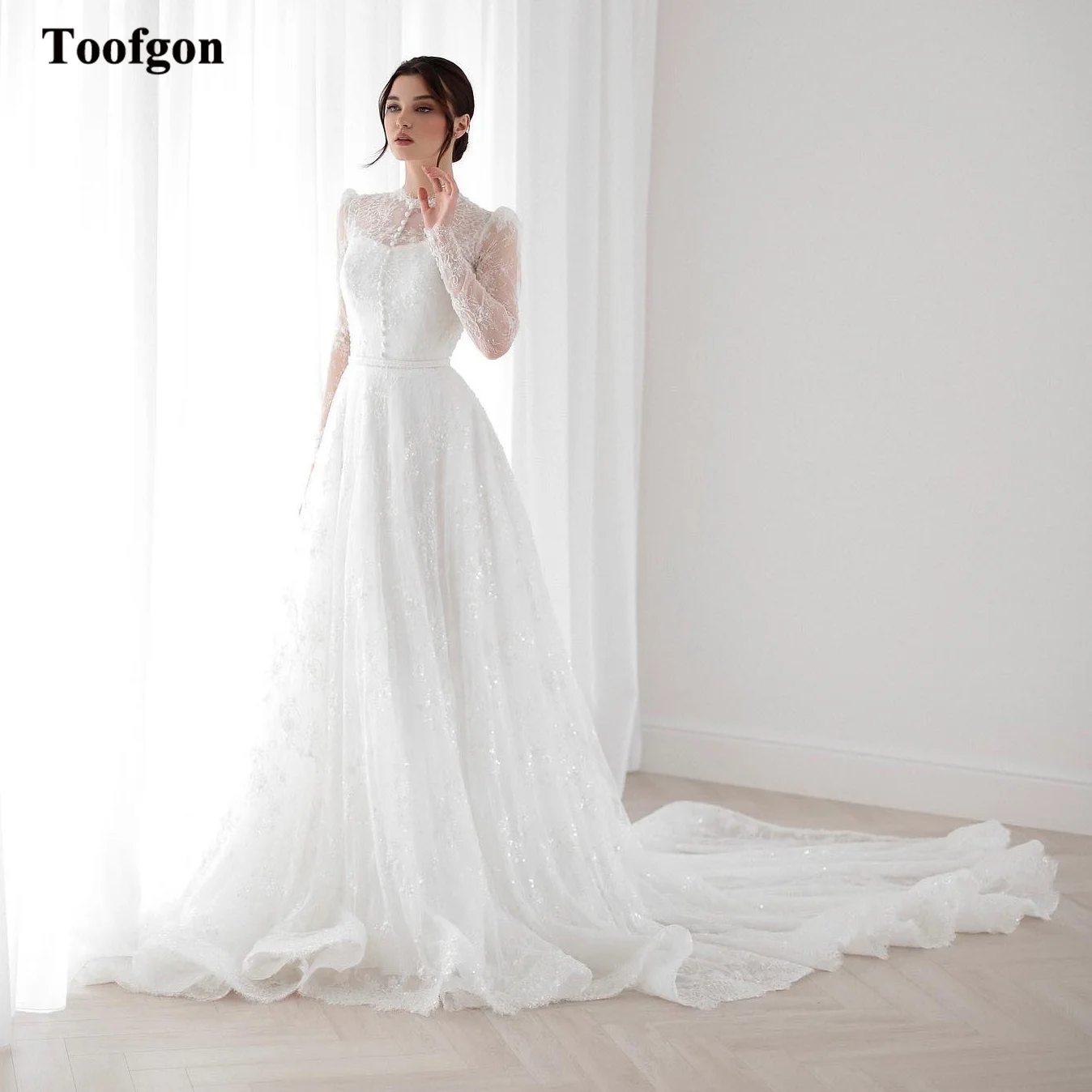 Top Trends: Toofgon Ivory Delicated Lace Wedding Dresses Boho O-neck A Line Long Sleeves Bridal Gowns Formal Party Princess Bride Dress Shoppable Styles