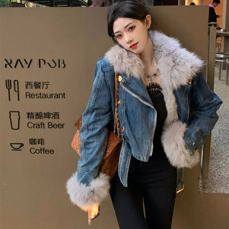 Top Trends: New Denim Stitching, Detachable, Plush, Thickened Fur, Slimming, And Popular Outerwear For Women, Thickened Short Top Shoppable Styles