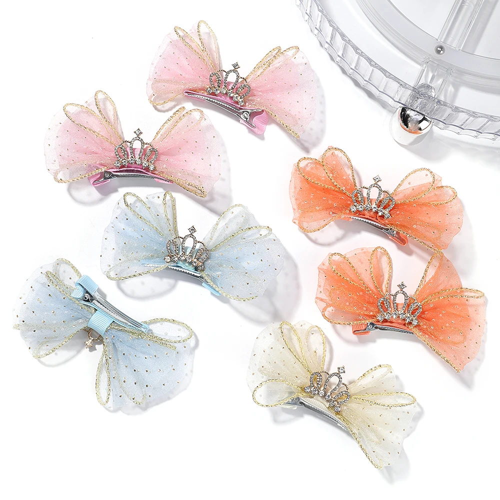 Top Trends: 2pcs Girls Hair Clip Lovely Organza Bow Hairpins Kids Barrettes Zircon Crown Hair Ornaments Children Princess Hair Accessories Shoppable Styles