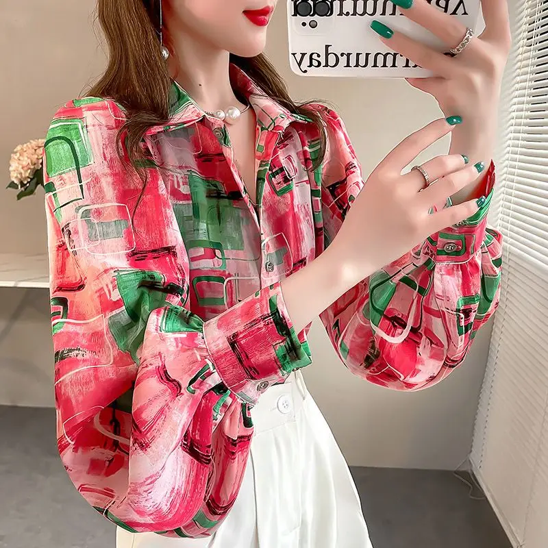 Top Trends: Fashion Color Printed Button Lantern Sleeve Shirts Female Clothing 2023 Autumn Winter Loose Casual Tops Office Lady Blouses Shoppable Styles