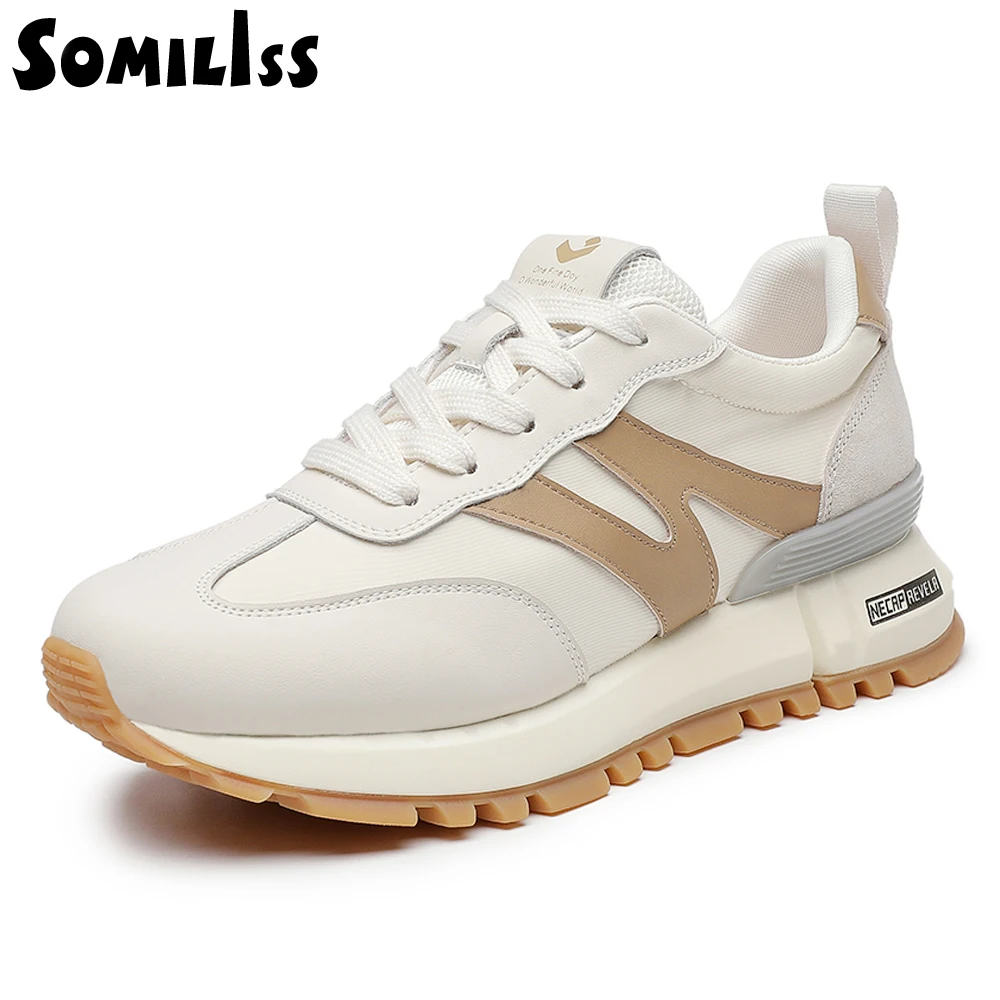 Top Trends: SOMILISS Genuine Leather Women Sneakers Lace-Up Round Toe Suede Leather Patchwork Ladies Casual Sneakers Designer Brand Shoes Shoppable Styles