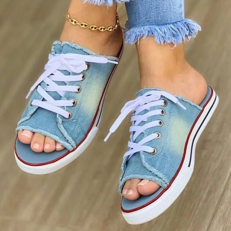 Top Trends: 2022 Fashion Women Canvas Sandals Breathable Summer Slippers Lace Up Open Toe Ladies Faux Denim Flat Shoes Zapatos Mujer Shoppable Styles