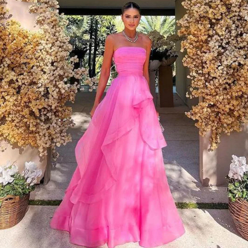 Top Trends: Simple Hot Pink Ruffles Organza Prom Dresses Pleated Strapless Women Formal Evening Dress Special Party Gowns Bridesmaid CL-548 Shoppable Styles