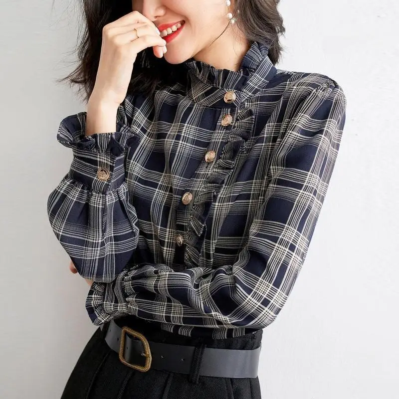 Top Trends: Fashion Printed Button Ruffles Plaid Shirt Women&#039;s Clothing 2022 Autumn New Loose Casual Tops All-match Commute Blouse Shoppable Styles